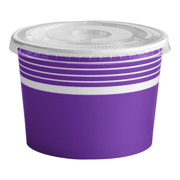 A purple and white paper food container with a lid.