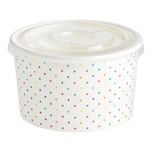 A white Choice paper frozen yogurt cup with colorful polka dots.