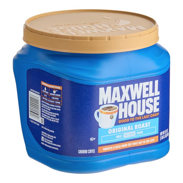 A blue container of Maxwell House Original Roast Ground Coffee with a white label.