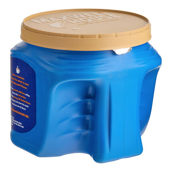 A blue plastic container of Maxwell House Original Roast Ground Coffee with a brown lid.