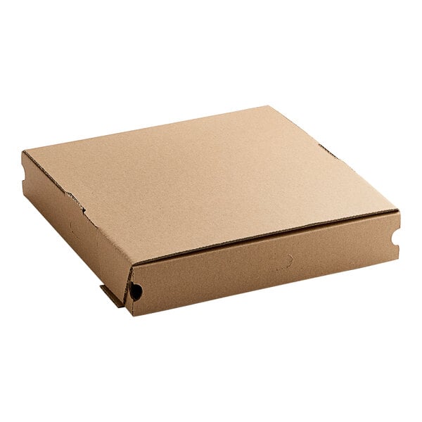 A brown cardboard pizza box with a hole.