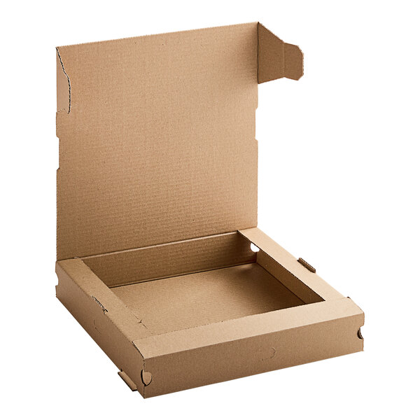 A Kraft cardboard pizza box with the lid open.