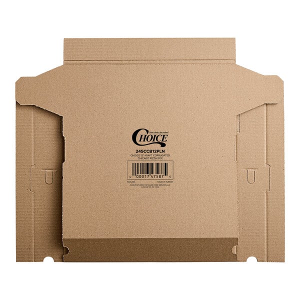 A Choice kraft cardboard pizza box with a label on it.
