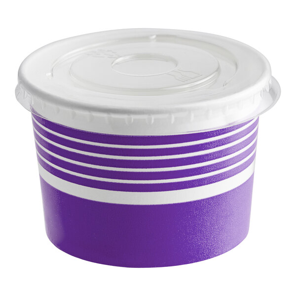 A purple and white paper container with a flat lid.