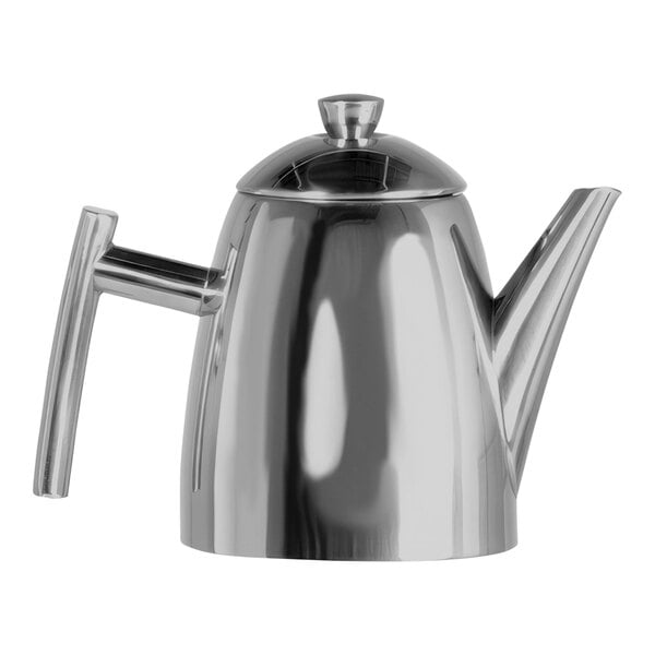 A silver stainless steel Primo tea pot with a handle.