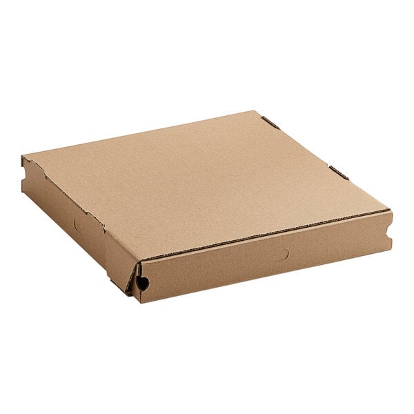 A brown cardboard pizza box with holes.
