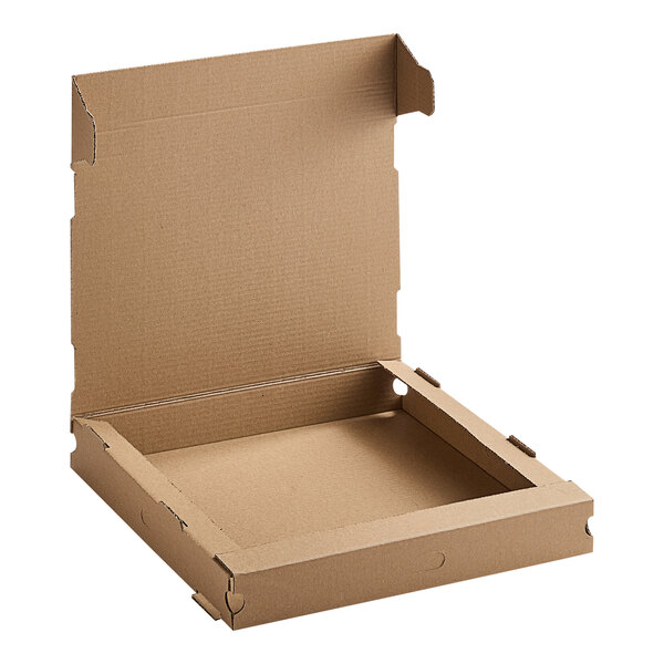 A Kraft cardboard pizza box with an open lid.