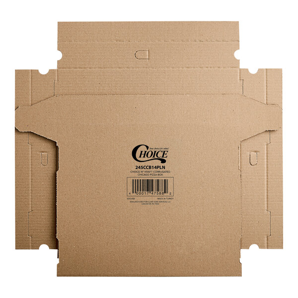 A close-up of a Kraft corrugated Choice pizza box with a label.