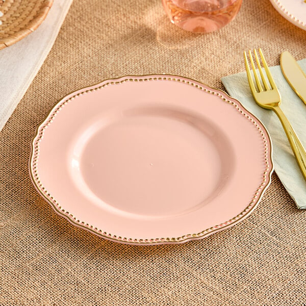 Visions 9" Blush Round Plastic Plate with Gold Vintage Rim - 120/Case