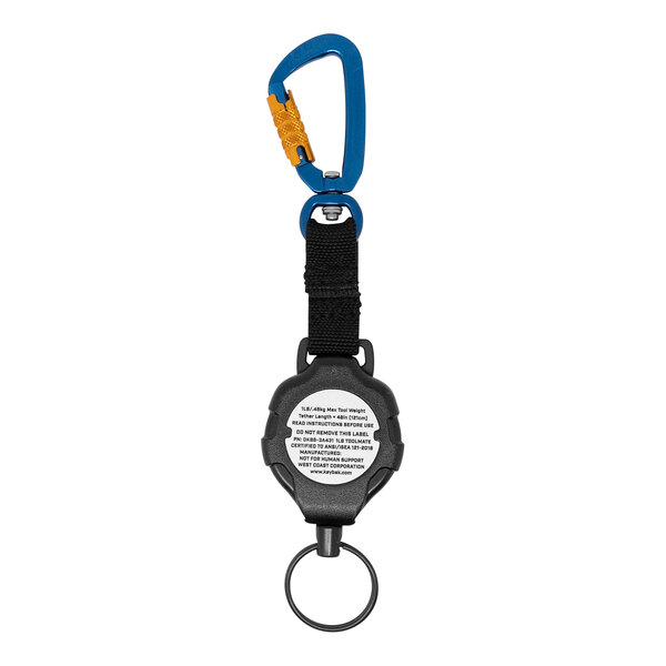 A KEY-BAK Pro ToolMate Ratch-It tool tether with a blue and black carabiner attached to it.