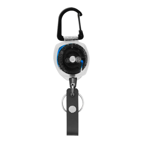 A KEY-BAK clear and blue retractable lanyard with a keychain.