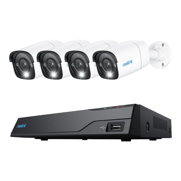 A set of Reolink 12MP PoE bullet cameras and a Reolink Network Video Recorder box.