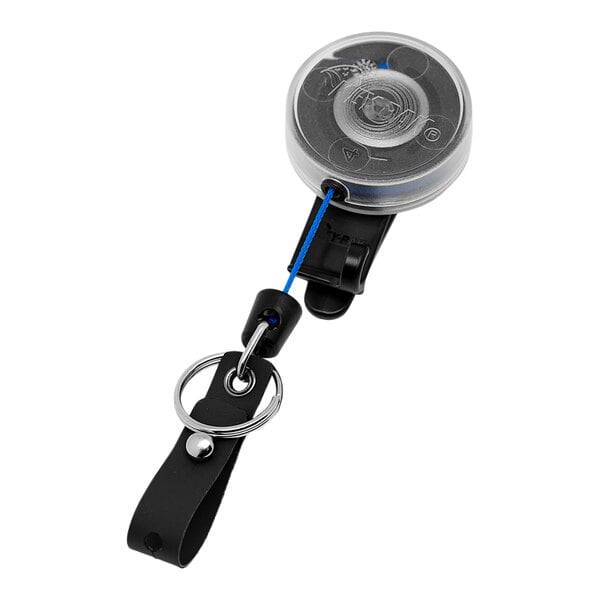 A KEY-BAK blue and black retractable keychain with a clear holder.