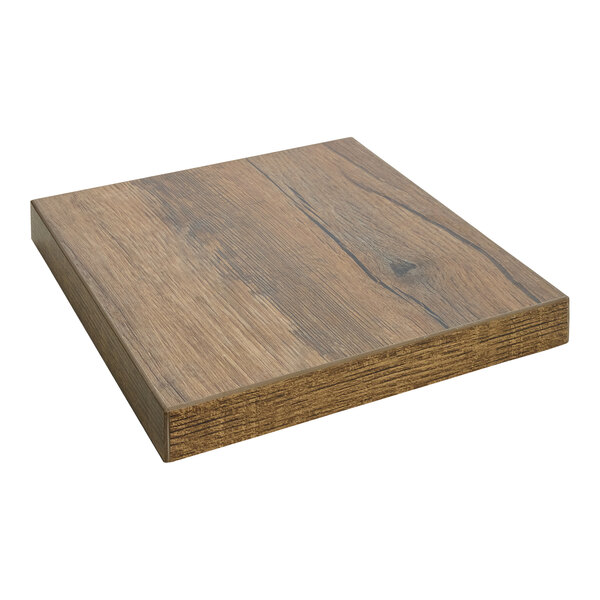 A BFM Seating knotty pine melamine wood table top sample with matching edge.