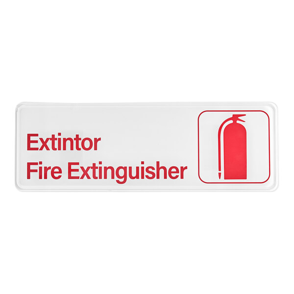 A red and white sign with the word "extinguisher" and a fire extinguisher icon.