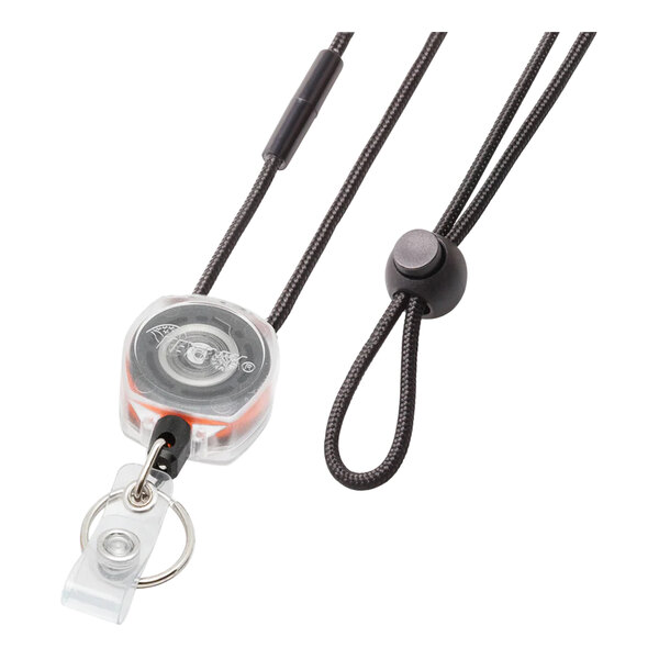 A black lanyard with a KEY-BAK Sidekick keychain attached to it.
