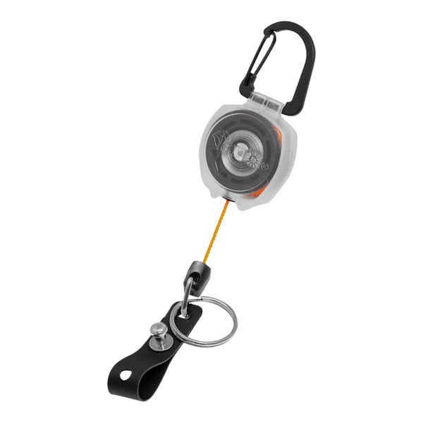 A KEY-BAK clear keychain with carabiner attached.