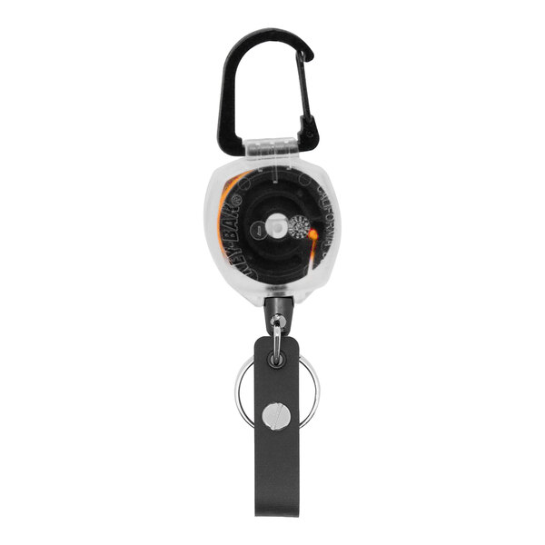 A black and white KEY-BAK Sidekick keychain with a carabiner and dual ID strap.