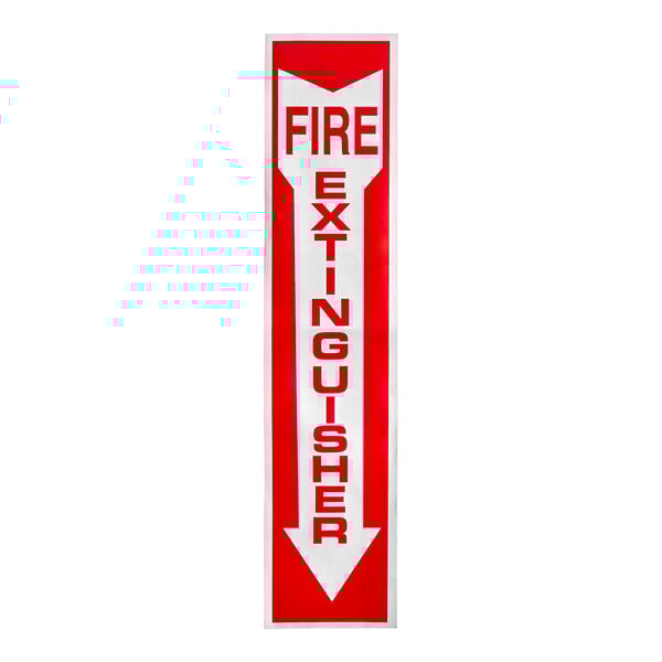 A red and white rectangular sign with white text reading "Fire Extinguisher" and a down arrow pointing to the right.