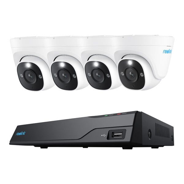 A group of white Reolink 12MP PoE dome cameras next to a black Reolink Network Video Recorder.