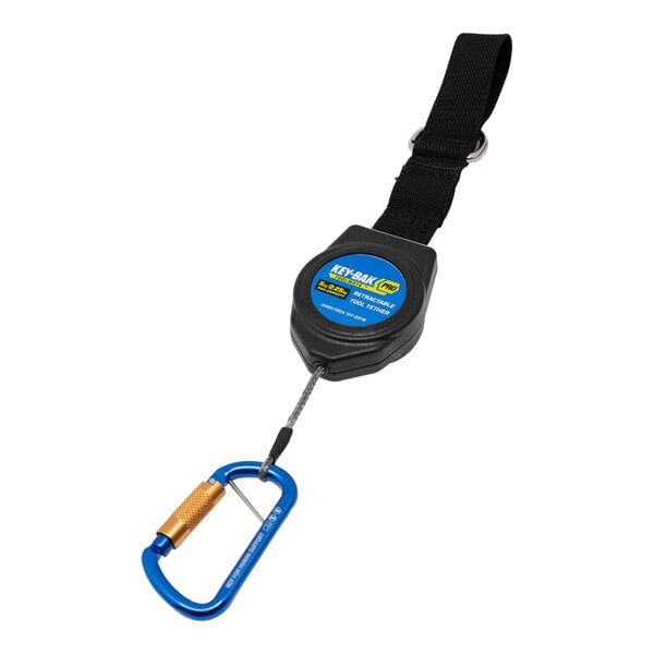 A black and blue KEY-BAK Pro ToolMate retractable tool tether with a carabiner attached.