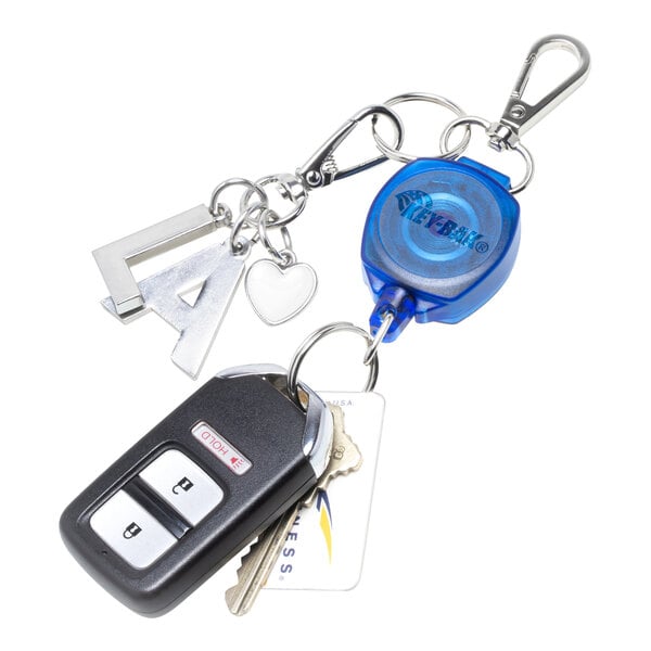 A KEY-BAK translucent blue keychain with a car key and remote attached using a split ring.