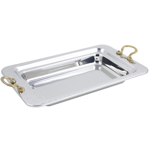 A shiny silver rectangular Bon Chef food pan with round brass handles.