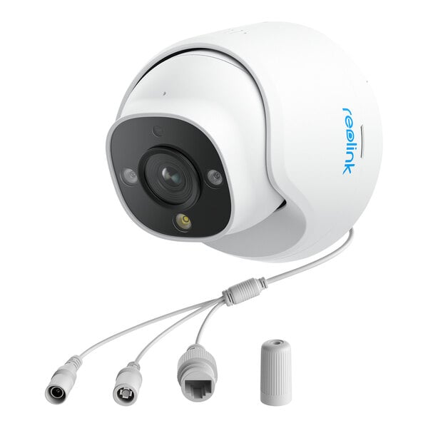 A white Reolink dome camera with a black circle and wires.