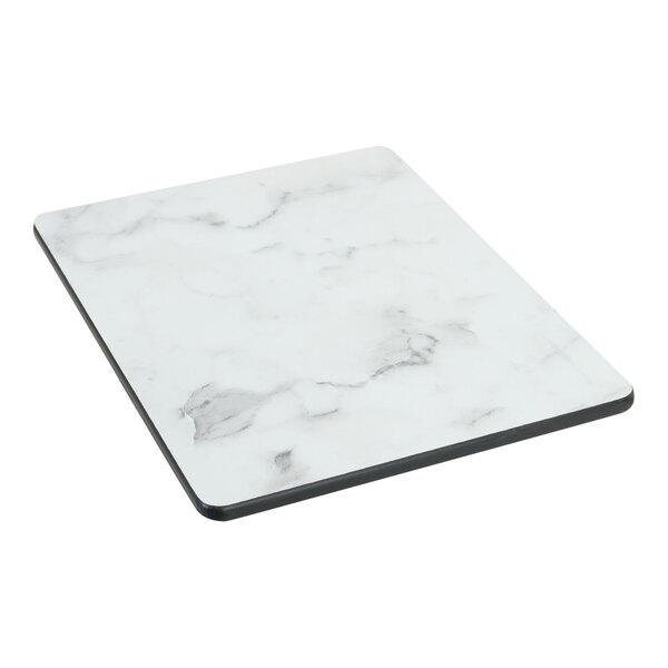 A white rectangular table top with a white marble surface and black border.