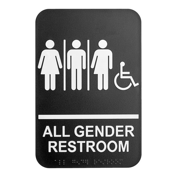 A Lavex black and white plastic all gender restroom sign with Braille.