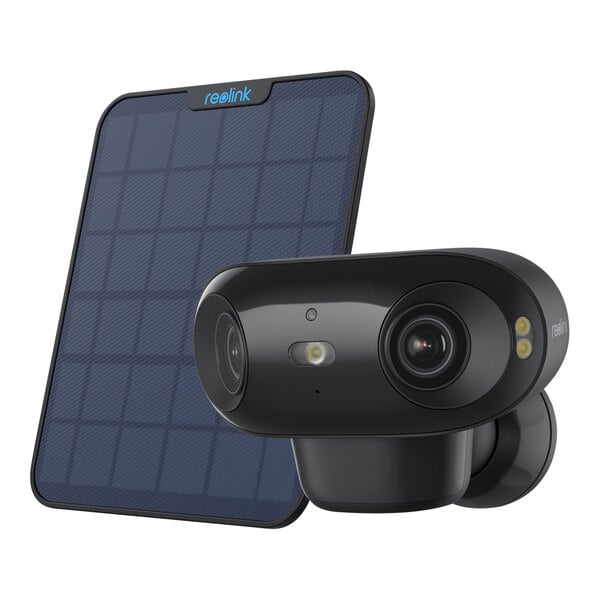 A Reolink solar-powered camera next to a solar panel.