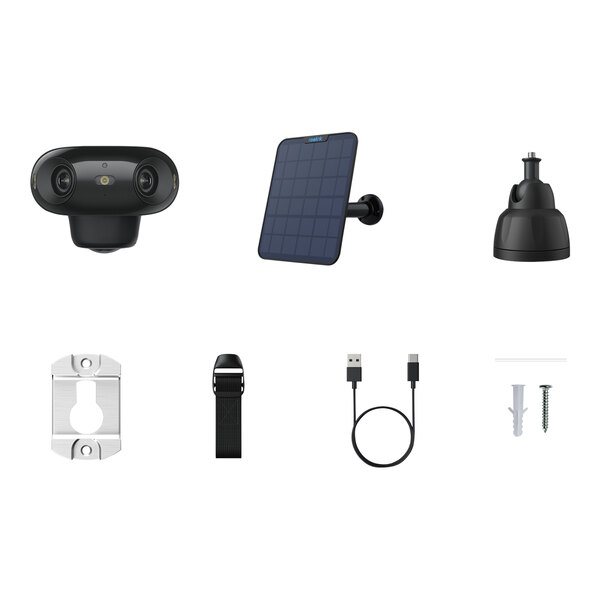 A black Reolink camera with two round lenses and a solar panel.