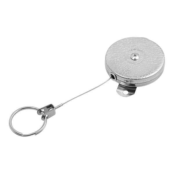 A KEY-BAK chrome-plated steel reel with a split ring on a white background.