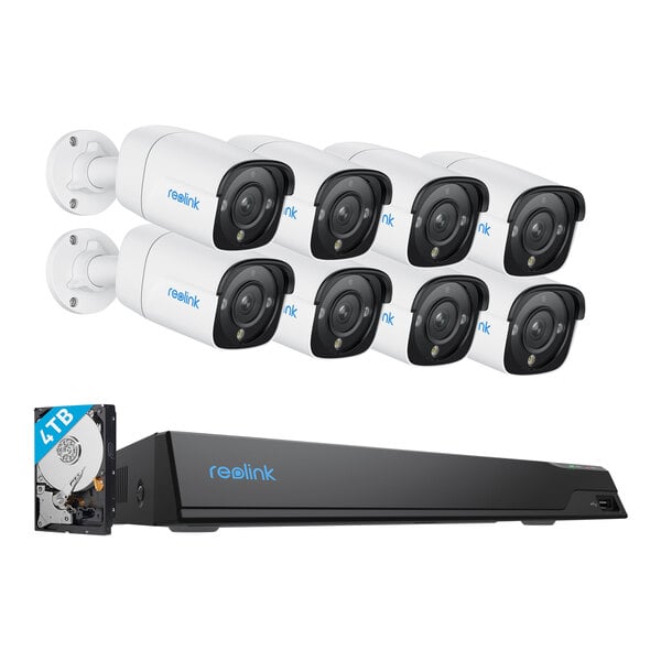 A Reolink network video recorder and 8 bullet cameras.
