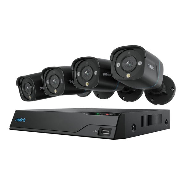 A Reolink black network video recorder with a green light and four black PoE bullet cameras.