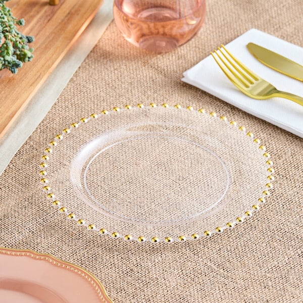 Visions 7 1/2" Clear Round Plastic Plate with Gold Beaded Rim - 120/Case