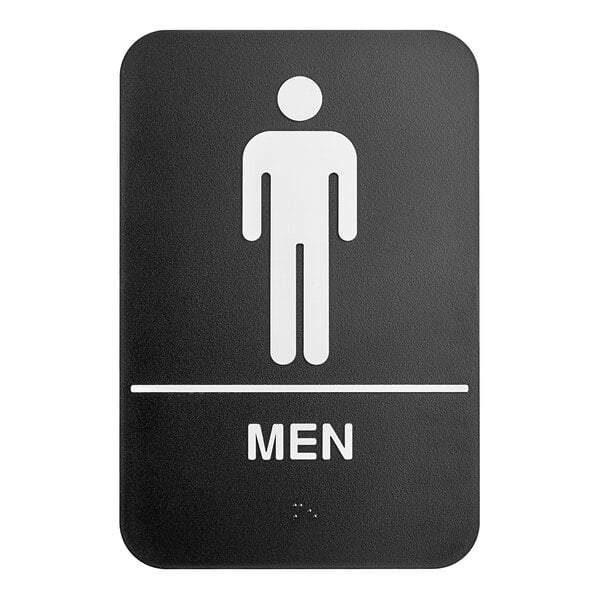 A black and white plastic men's restroom sign with a man symbol and Braille.