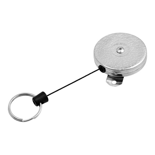 A KEY-BAK silver metal tool tether with a black attachment on a white background.