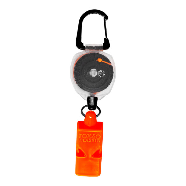 A KEY-BAK clear keychain with an orange whistle and carabiner attached.