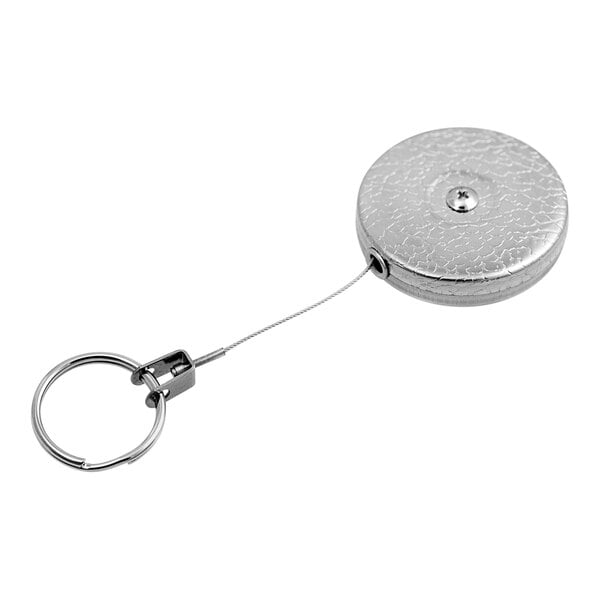 A KEY-BAK chrome-plated steel equipment tether with a stainless steel cable and a split ring.