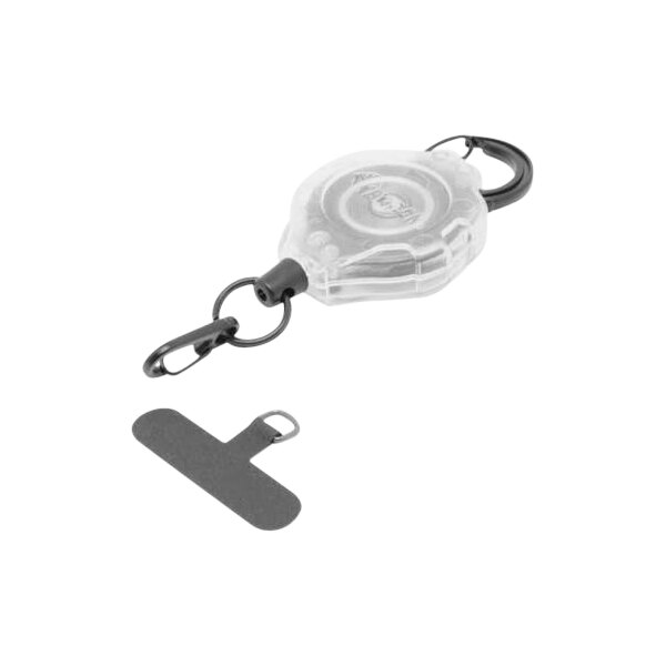 A KEY-BAK clear phone tether with a carabiner and a retractable cord.
