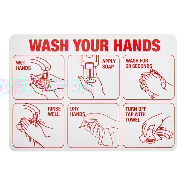 A Lavex white and red vinyl safety decal with instructions to wash your hands.