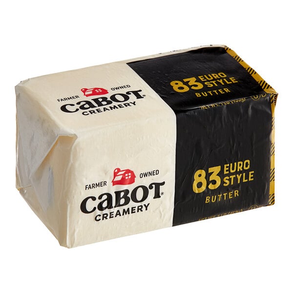 A white and black package of Cabot Grade AA Unsalted European Butter.