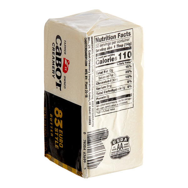 A close up of a white package of Cabot Grade AA Unsalted European Butter with a black and yellow label.