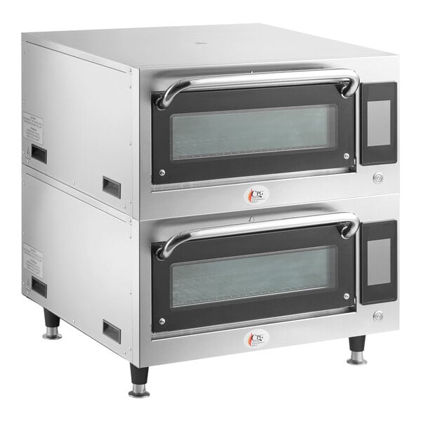 A stainless steel double deck high-speed impingement oven with two front doors and viewing windows.