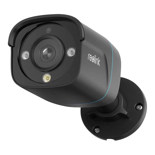 A black Reolink bullet camera with a blue stripe on a white background.
