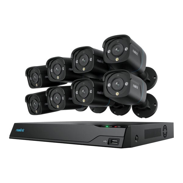 A black Reolink network video recorder with 8 cameras attached.