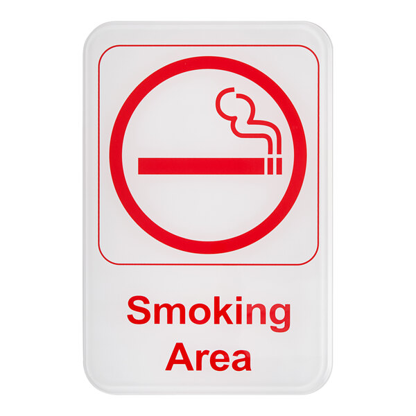 A white sign with a red and white smoking area and a cigarette in the middle.