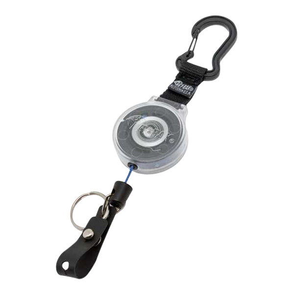A clear KEY-BAK keychain attached to a black and white lanyard with a plastic ring.