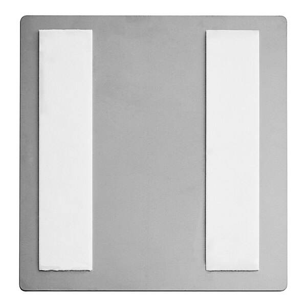 A grey square stainless steel plate with a black border and two white strips.